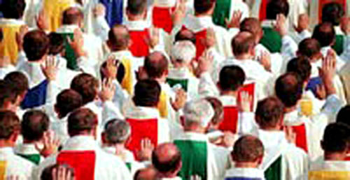 A crowd of priests with rainbow vestments